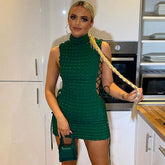 Mini-Club-Kleid mit Rollkragen und Schnürung in Karo-Optik, Cut-Outs - Smaragdgrün