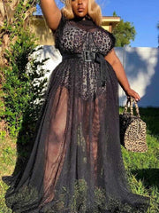 Mock Neck Print See Through Dresses Set