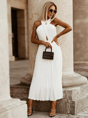 Plissiertes Maxikleid mit Neckholdergürtel