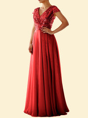 V-Neck Sequin Evening Dress