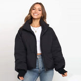 Stand Collar Side Pocket Zip Front Long Sleeve Puffer Jacket - Black