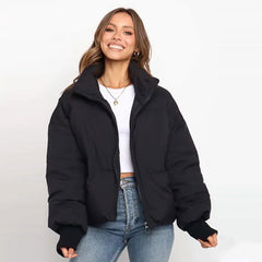 Stand Collar Side Pocket Zip Front Long Sleeve Puffer Jacket - Black