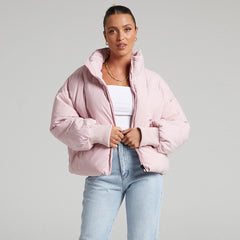 Stand Collar Side Pocket Zip Front Long Sleeve Puffer Jacket - Pink