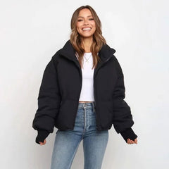 Stand Collar Side Pocket Zip Front Long Sleeve Puffer Jacket - Black
