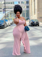 Einfarbiger Neckholder-Jumpsuit mit Rüschen und Krawatte