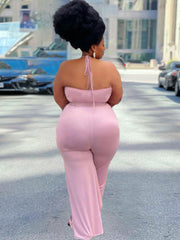 Einfarbiger Neckholder-Jumpsuit mit Rüschen und Krawatte