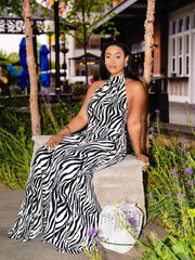 Zebra Print Backless Halter Jumpsuits