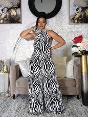 Zebra Print Backless Halter Jumpsuits