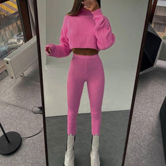 Turtleneck Crop Sweater Skinny Pants Matching Set - Pink