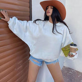 Ribbed Trim Drop Shoulder Long Sleeve Crew Neck Sweatshirt - White