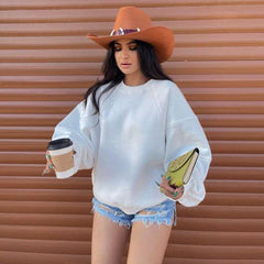 Ribbed Trim Drop Shoulder Long Sleeve Crew Neck Sweatshirt - White