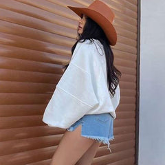 Ribbed Trim Drop Shoulder Long Sleeve Crew Neck Sweatshirt - White