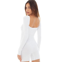 Square Neck Long Sleeve Ribbed Bike Short Romper - White