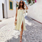Vestido midi de verano con abertura alta y estampado en forma de A - Amarillo
