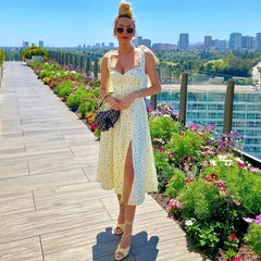 Bedrucktes A-Linien-Slip-Midi-Sommerkleid mit hohem Schlitz - Gelb