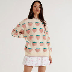 Strawberry Crew Neck Knit Pullover Sweater - Pink
