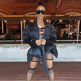 Deep V Shawl Collar Button Up Bishop Sleeve Puffer Jacket - Black