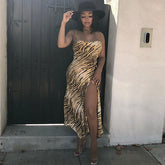 Vestido midi sin mangas con abertura alta y estampado animal en el dobladillo - Tiger