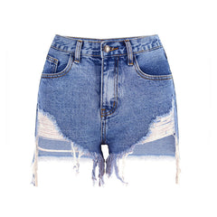 – High Waist – Distressed-Jeansshorts mit Cut-Outs - Blau