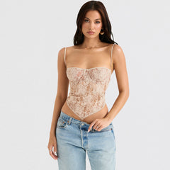 Paisley Lace Sweetheart Sleeveless Crop Tank Top - Apricot