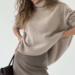 Rib Trim Turtleneck Long Sleeve Pullover Sweater - Camel