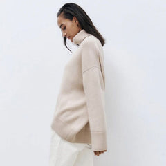 Rib Trim Turtleneck Long Sleeve Pullover Sweater - Camel
