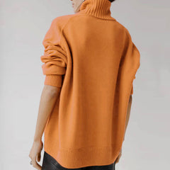 Rib Trim Turtleneck Long Sleeve Pullover Sweater - Orange