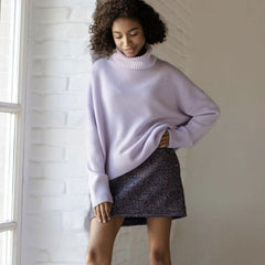 Rib Trim Turtleneck Long Sleeve Pullover Sweater - Lilac