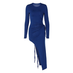 Vestido largo con abertura y mangas largas con cuello redondo y cordón ajustable - Azul real