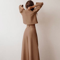 Long Sleeve Crop Top Wide Leg Pant Matching Set - Coffee