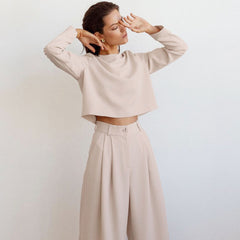 Long Sleeve Crop Top Wide Leg Pant Matching Set - Khaki