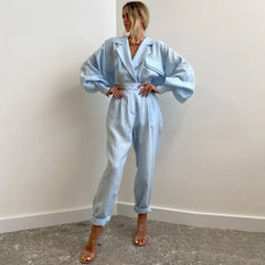 Passendes Set mit langärmeligem Blazer aus Leinen mit spitzem Revers - Blau