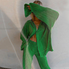 Long Sleeve Blouse Wide Leg Pant Matching Set - Green