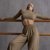 Long Sleeve Crop Top Wide Leg Pants Matching Set - Khaki