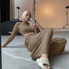 Long Sleeve Crop Top Wide Leg Pants Matching Set - Khaki
