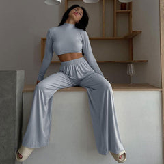 Conjunto de top corto de manga larga y pantalones de pierna ancha a juego - Gris