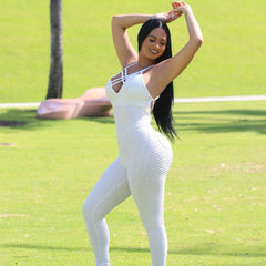 Mono de nido de abeja con escote en V profundo y espalda cruzada - Blanco