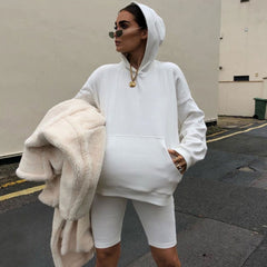 Style Hooded Sweatshirt Biker Short Matching Set - White