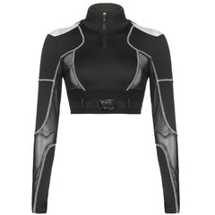 Biker-Oberteil mit hohem Halsausschnitt, Reißverschluss vorne, langen Ärmeln, Cut-out, Netzstoff und Schnalle - Schwarz