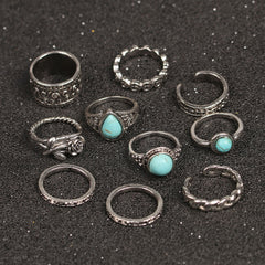 Multi Mix Stone Trimmed Embossed Ring Set - Silver