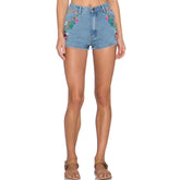 Shorts vaqueros de cintura alta con bordado floral - Azul