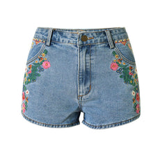 Shorts vaqueros de cintura alta con bordado floral - Azul