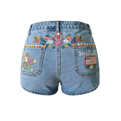 Shorts vaqueros de cintura alta con bordado floral - Azul