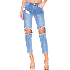 Skinny Jeans im Boyfriend-Stil mit Cut-Outs und ausgefransten Kanten - Dunkelblau