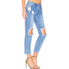 Skinny Jeans im Boyfriend-Stil mit Cut-Outs und ausgefransten Kanten - Dunkelblau