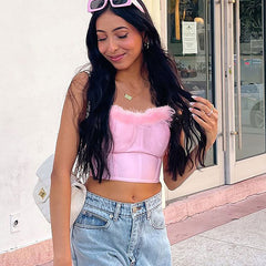 Breathtaking Faux Feather Seam Detail Strapless Crop Corset Top - Pink