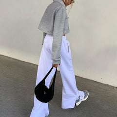 Lässige High Waist Kordelzug Seitlich Slip Weites Bein Hose - Weiß