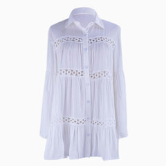 Long Sleeve Crochet Button Up Beach Cover Up - White