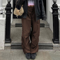 Lässige Baggy-Cargohose mit niedriger Taille und Kordelzug und gerüschtem Besatz - Braun