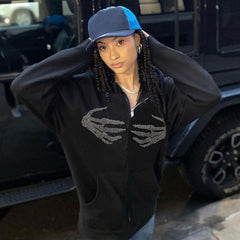 Lässiger Kapuzenpullover mit Strass-Skelett-Reißverschluss vorne und langen Ärmeln - Schwarz